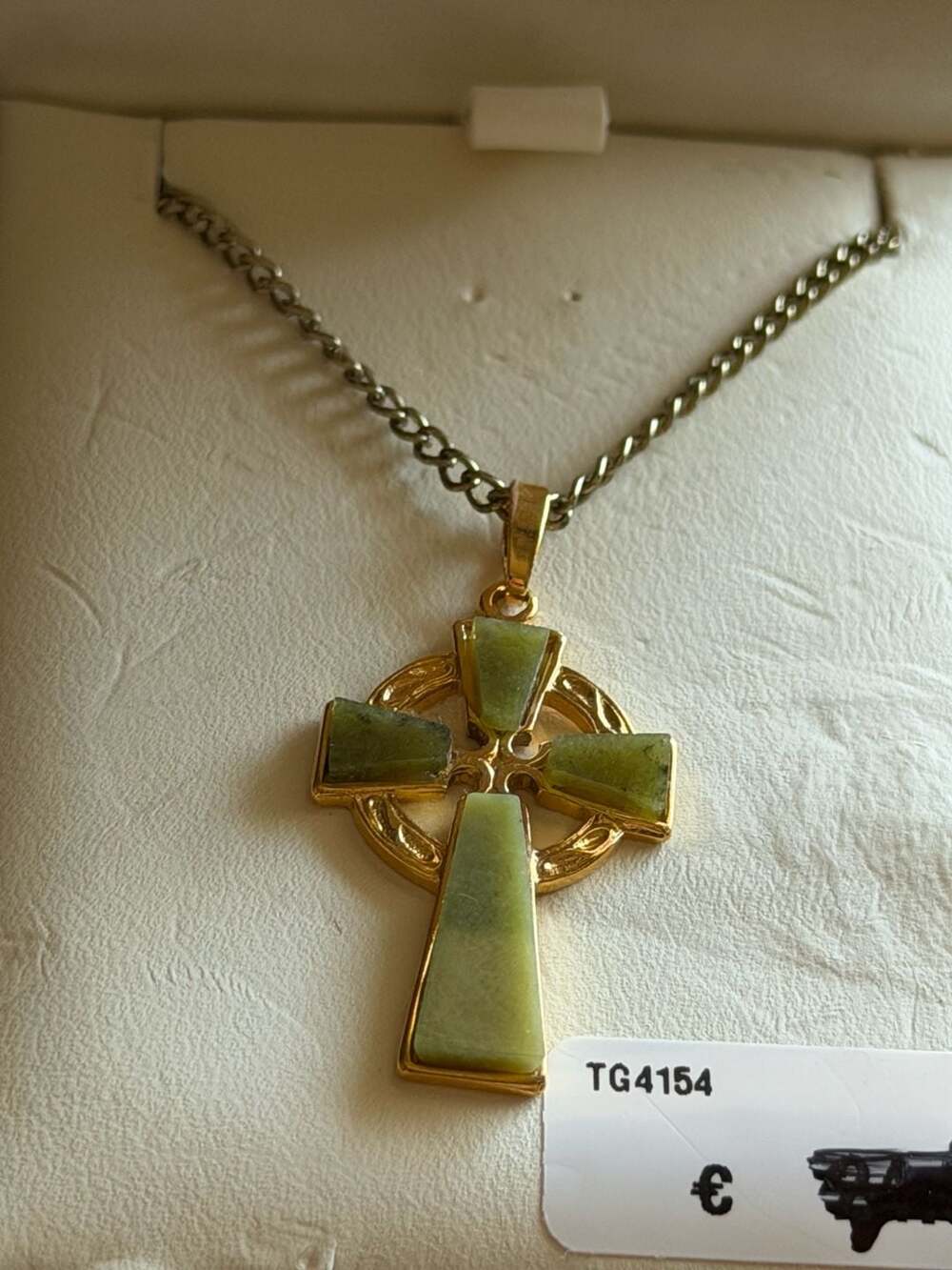 Tara Hand Enamelled Celtic Cross Pendant Necklace with Green Marble Stones